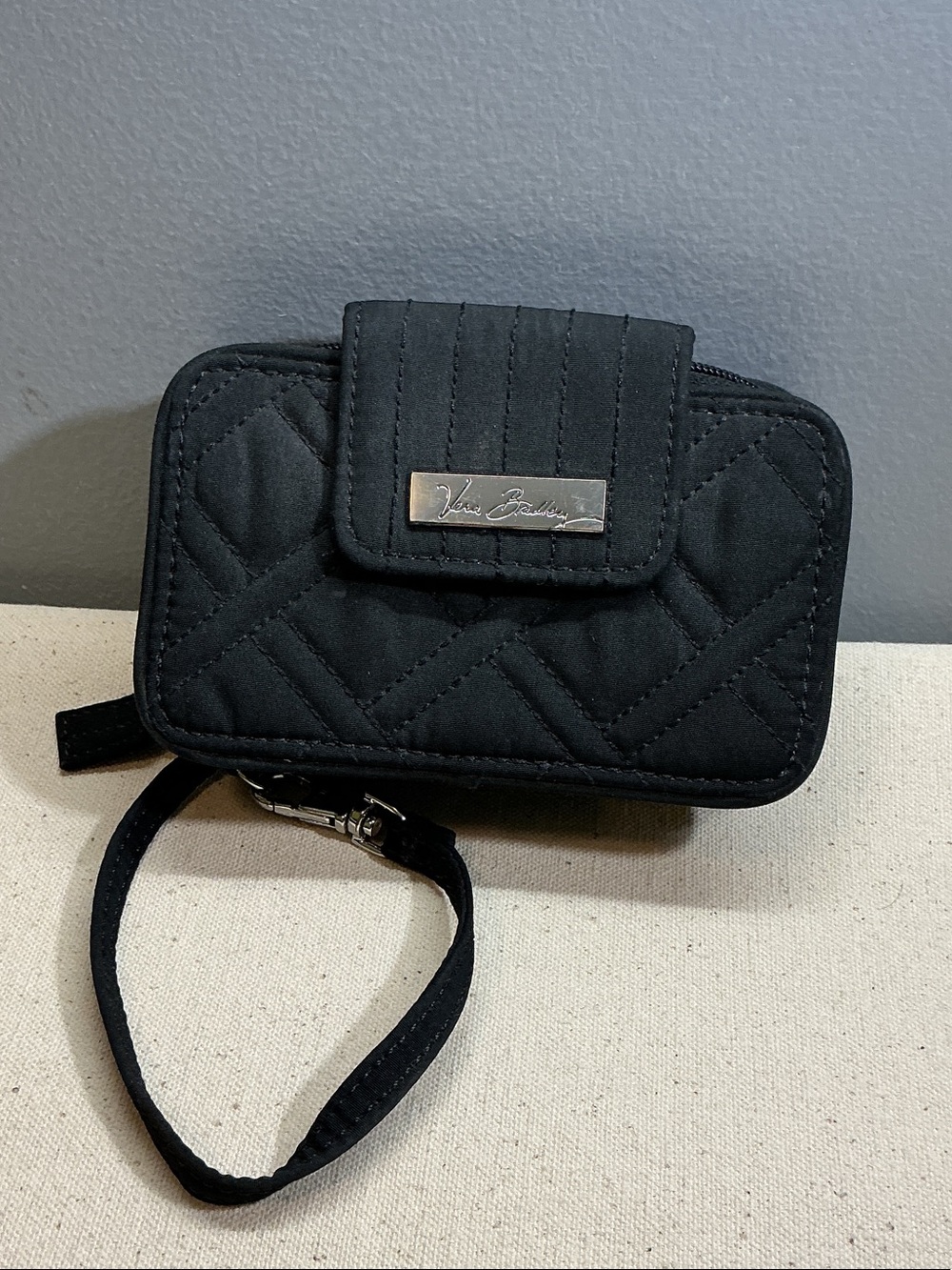 Vera Bradley Black Quilted Wristlet with Logo Plaque